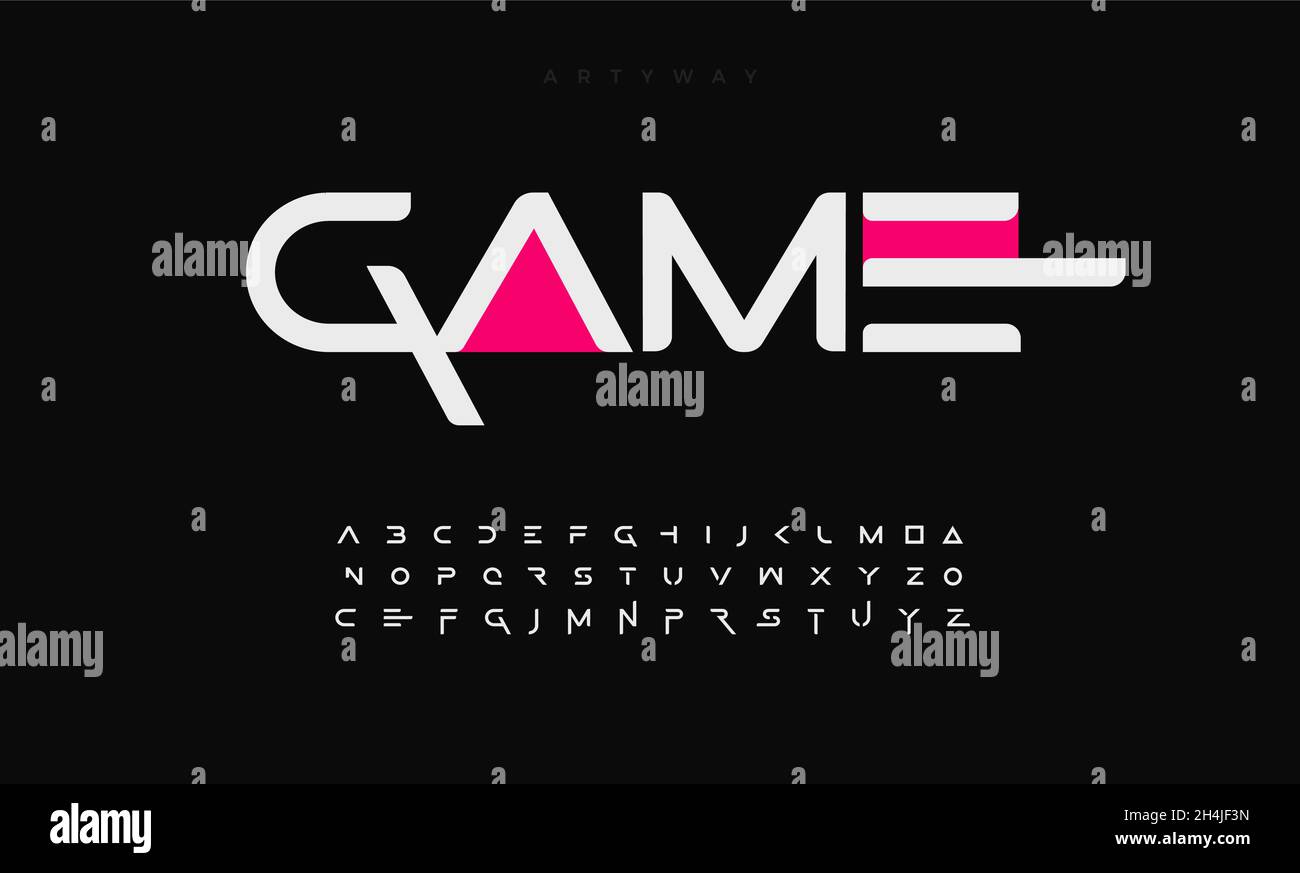 Police géométrique lettres de l'alphabet.Typographie moderne du logo.Design typographique futuriste minimal.Jeu de lettres biseautée pour séries tv, titre cinéma et Illustration de Vecteur
