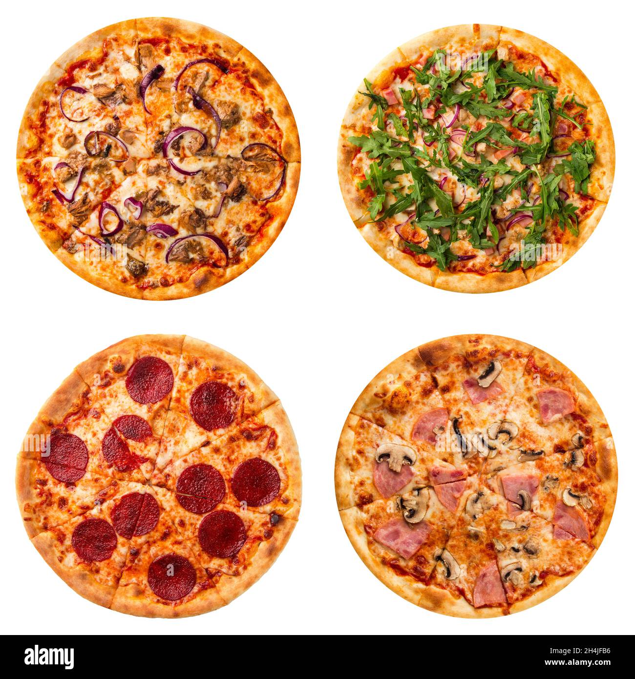 Ensemble de quatre pizzas de collage différentes pour menu isolé Banque D'Images