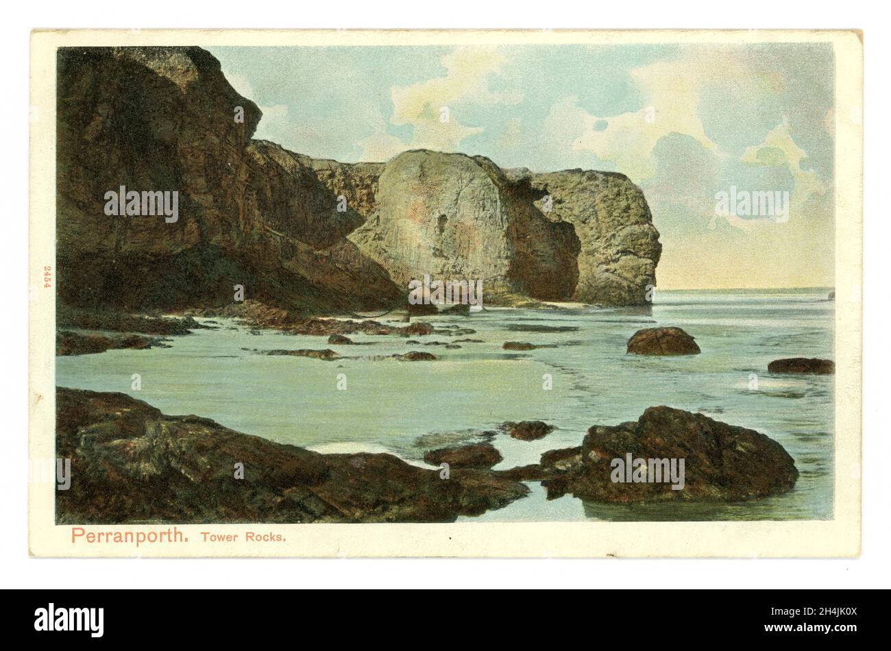 Carte postale couleur teintée du début des années 1900, Tower Rocks, Perranporth, Cornwall, 1908 Banque D'Images