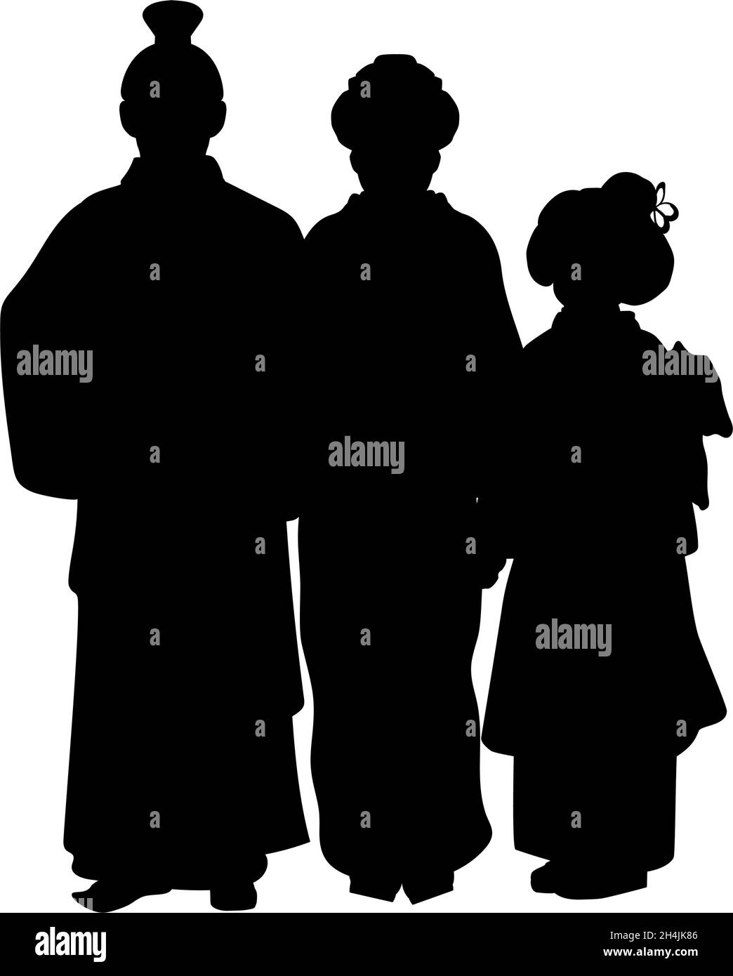 Silhouette de famille de papa maman et fille en costume national asiatique. Illustration de Vecteur