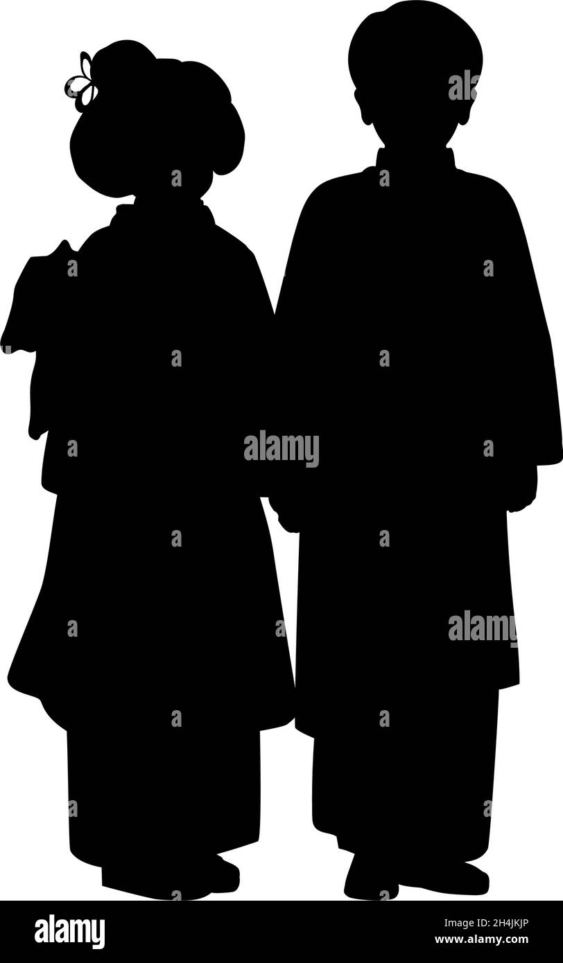 Silhouette de garçon et de fille en costume national asiatique. Illustration de Vecteur