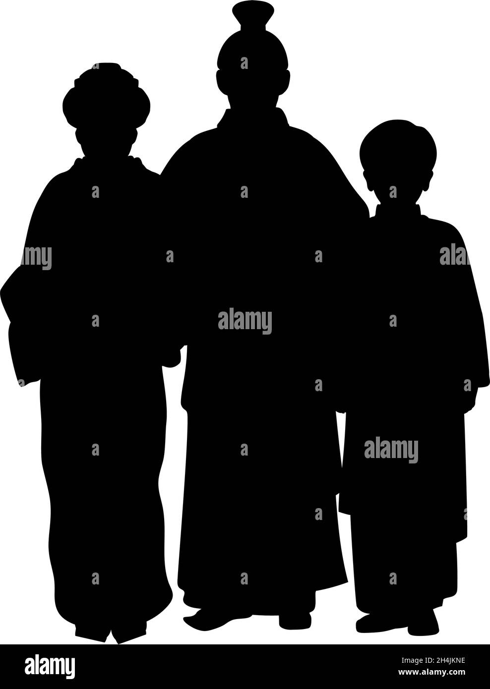 Silhouette de famille de papa maman et fils en costume national asiatique. Illustration de Vecteur