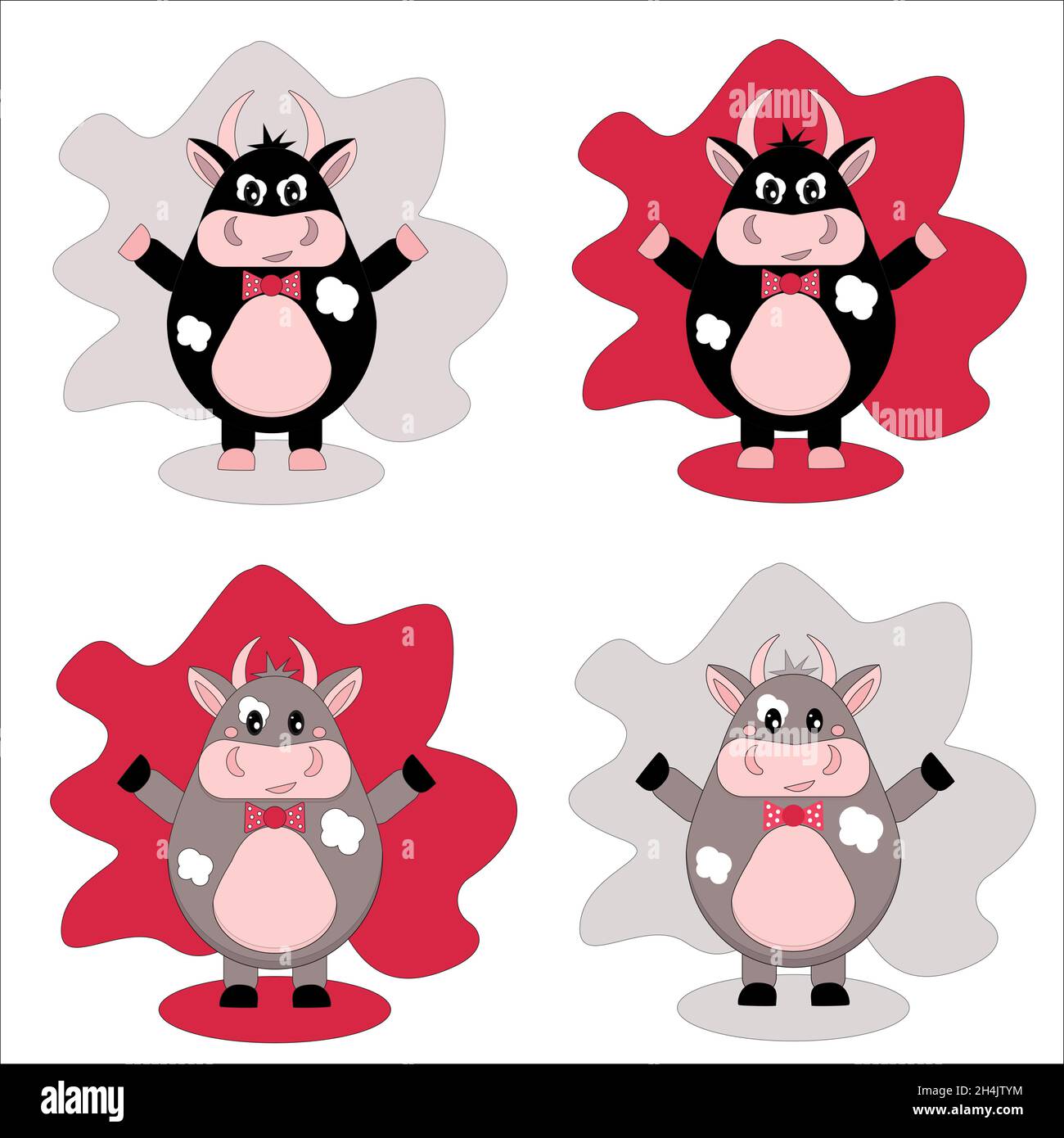 Collection d'images vectorielles d'un taureau.Un bon et mauvais taureau.Taureau noir et marron sur fond rouge et gris, dans un noeud papillon.Vecteur de style plat. Illustration de Vecteur