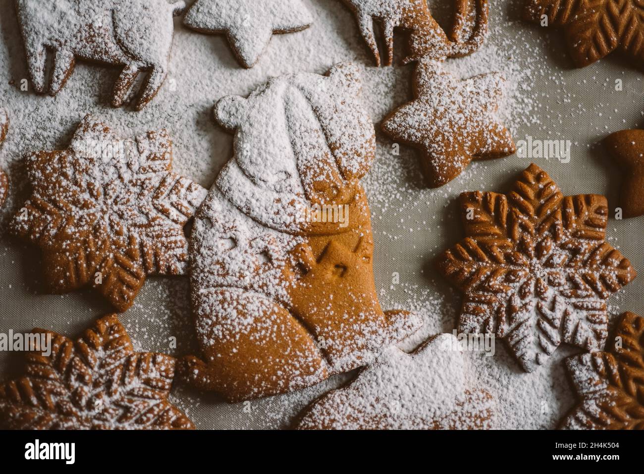 Assortiment de biscuits de Noël au pain d'épice, saupoudrés de sucre en poudre, gros plan Banque D'Images
