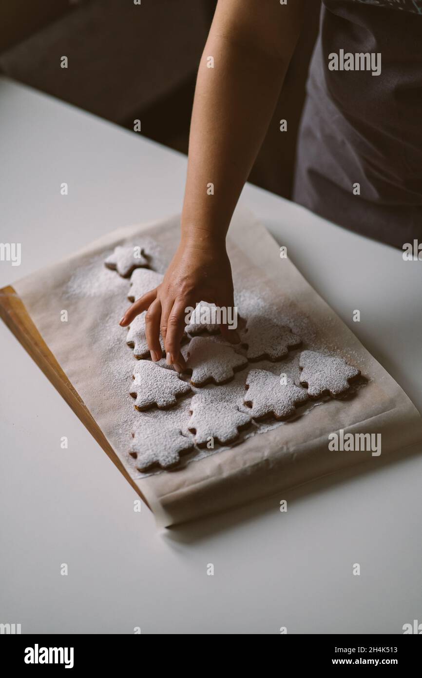 Arbre de Noël fait de biscuits au pain d'épice arrosé de sucre en poudre sur une planche de bois Banque D'Images