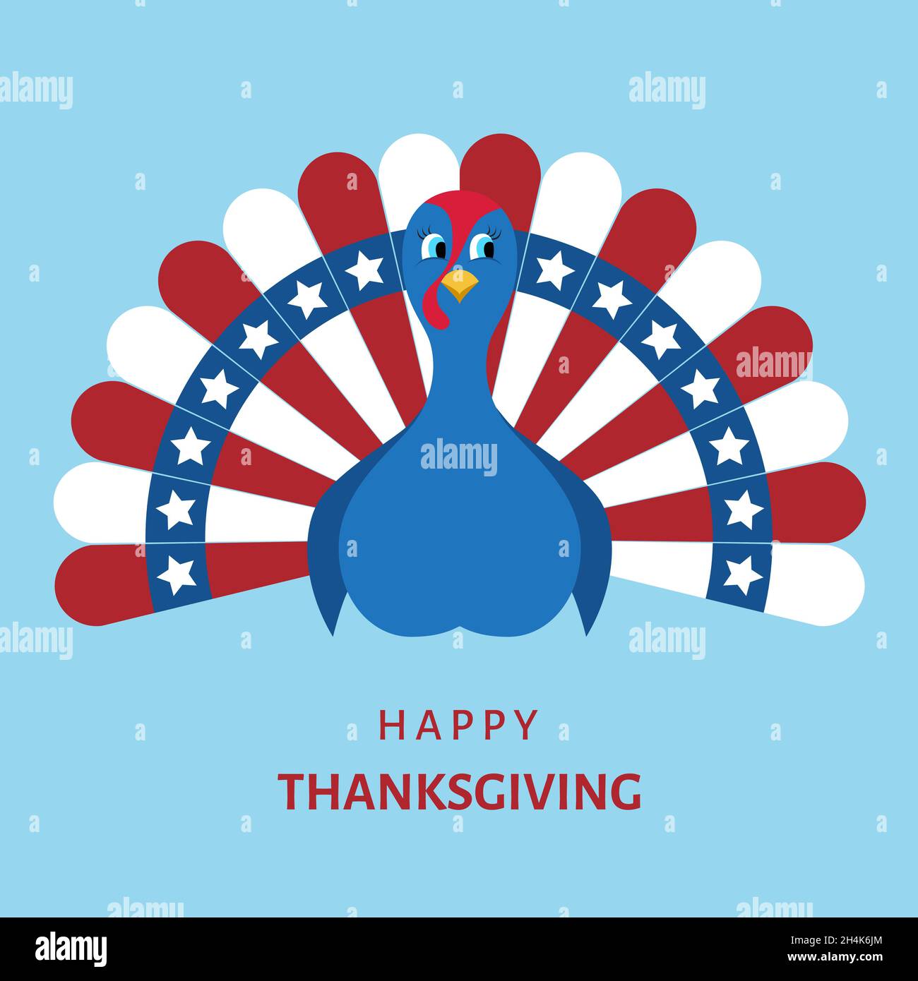Bonne célébration de Thanksgiving.Dessin animé oiseau de turquie dans les couleurs du drapeau des Etats-Unis.Illustration vectorielle sur fond bleu. Illustration de Vecteur