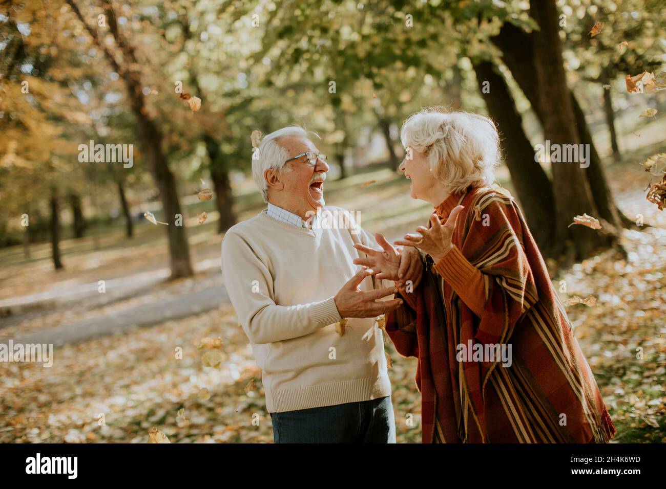 Beau couple senior s'amuser dans le parc d'automne Banque D'Images