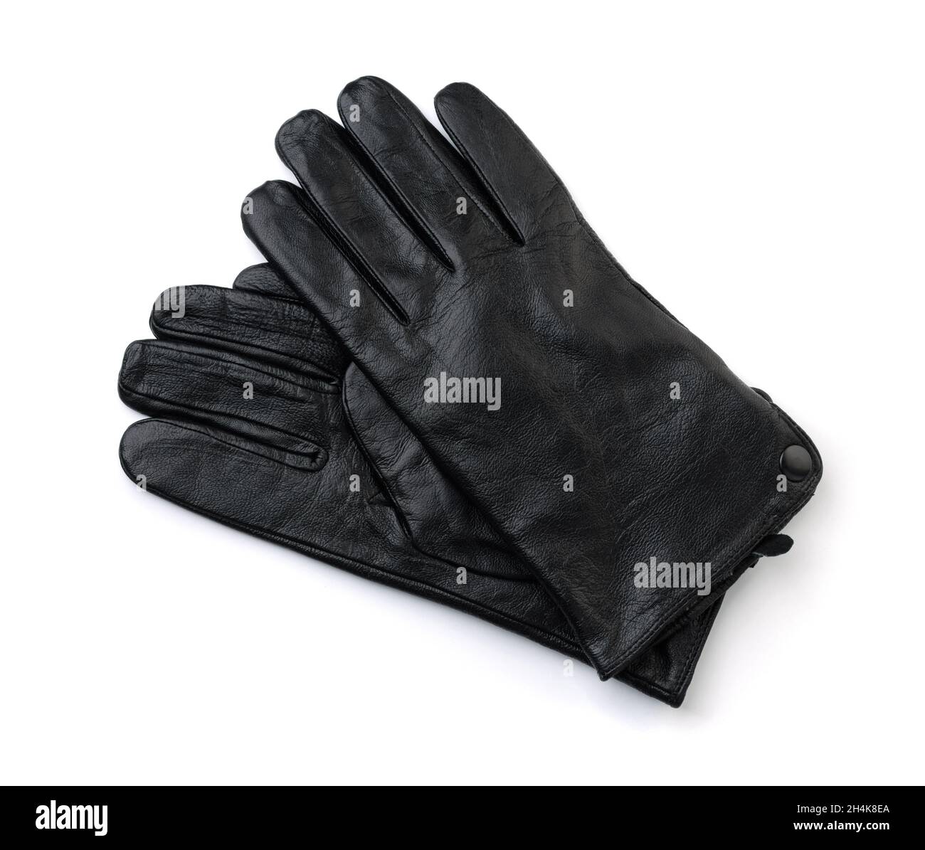 Vue de dessus des gants en cuir noirs pour hommes isolés sur du blanc Banque D'Images
