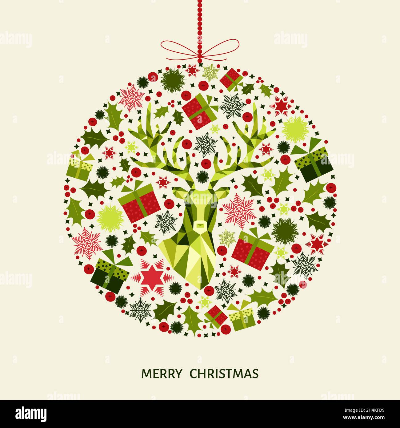 Boule de Noël.Décoration d'arbre rouge et verte.Motif coloré.Bonne année de fond.Tête de Noël de renne, cadeaux et flocons de neige.Vecteur temp Illustration de Vecteur