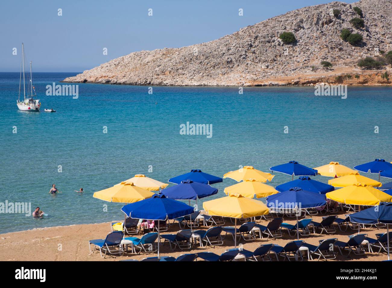 Plage de Pontamos, île de Halki (Chalki), Groupe Dodécanèse, Grèce Banque D'Images