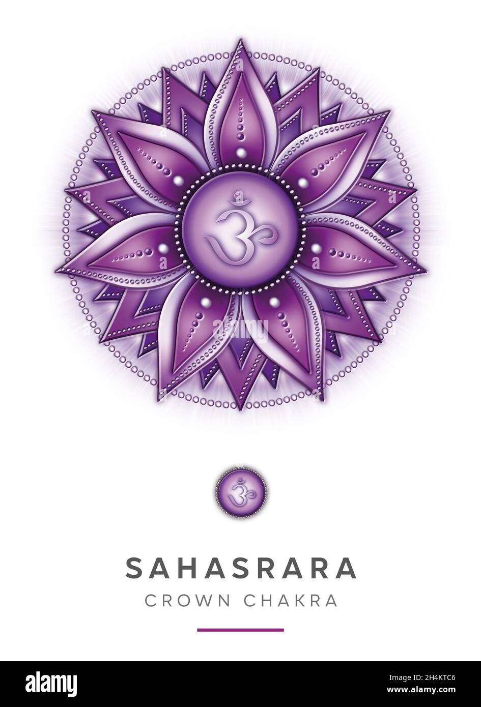 Chakra symboles, couronne chakra - SAHASRARA - connaissance, conscience, réalisation, spiritualité - 'Je COMPRENDS' Banque D'Images