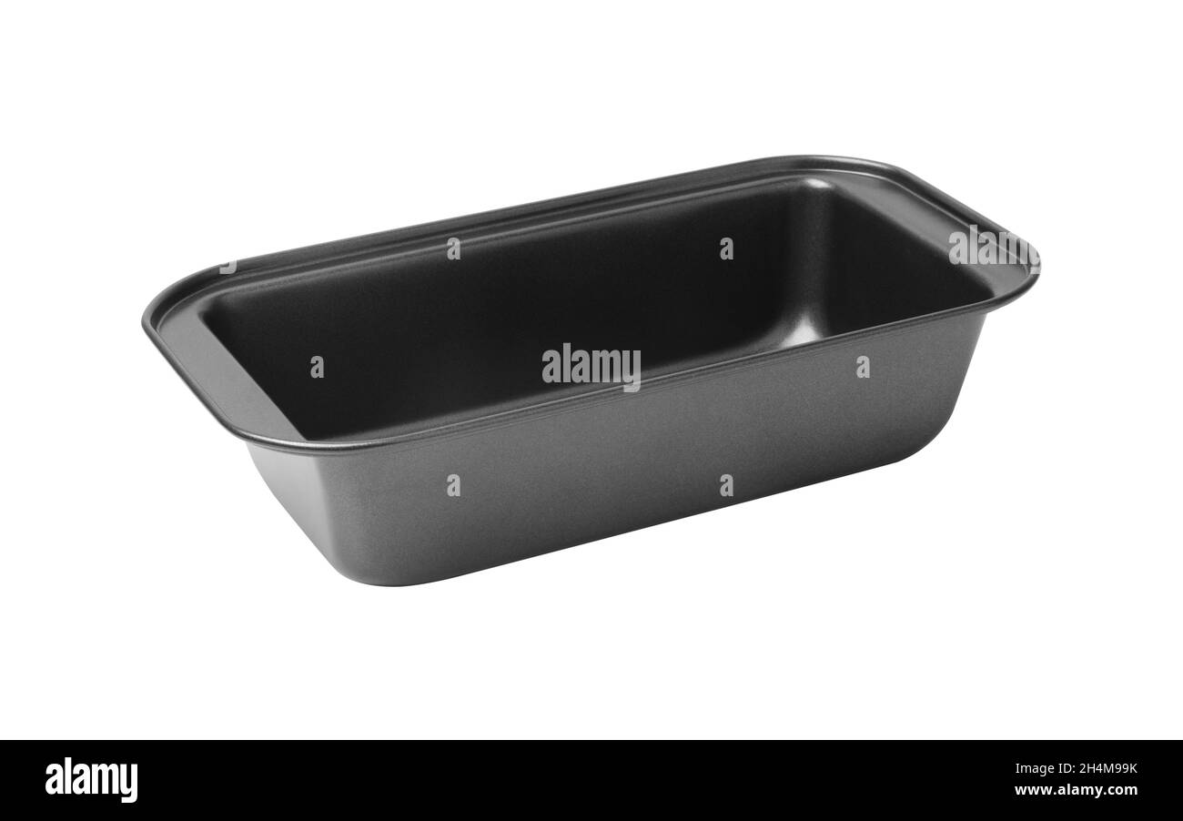 Plat à pâtisserie en métal noir, forme de gâteau isolée sur fond blanc Banque D'Images