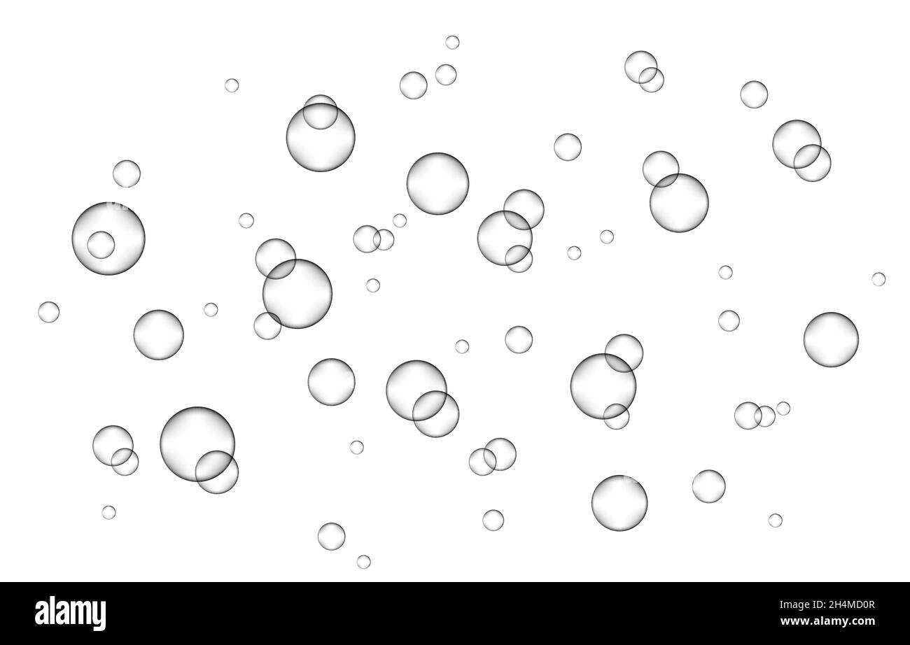 Bulles d'air, d'eau ou d'oxygène sous l'eau sur fond blanc.Boisson effervescente.Des étincelles folles en mer, aquarium.Champagne.Pop soda.Sous Illustration de Vecteur
