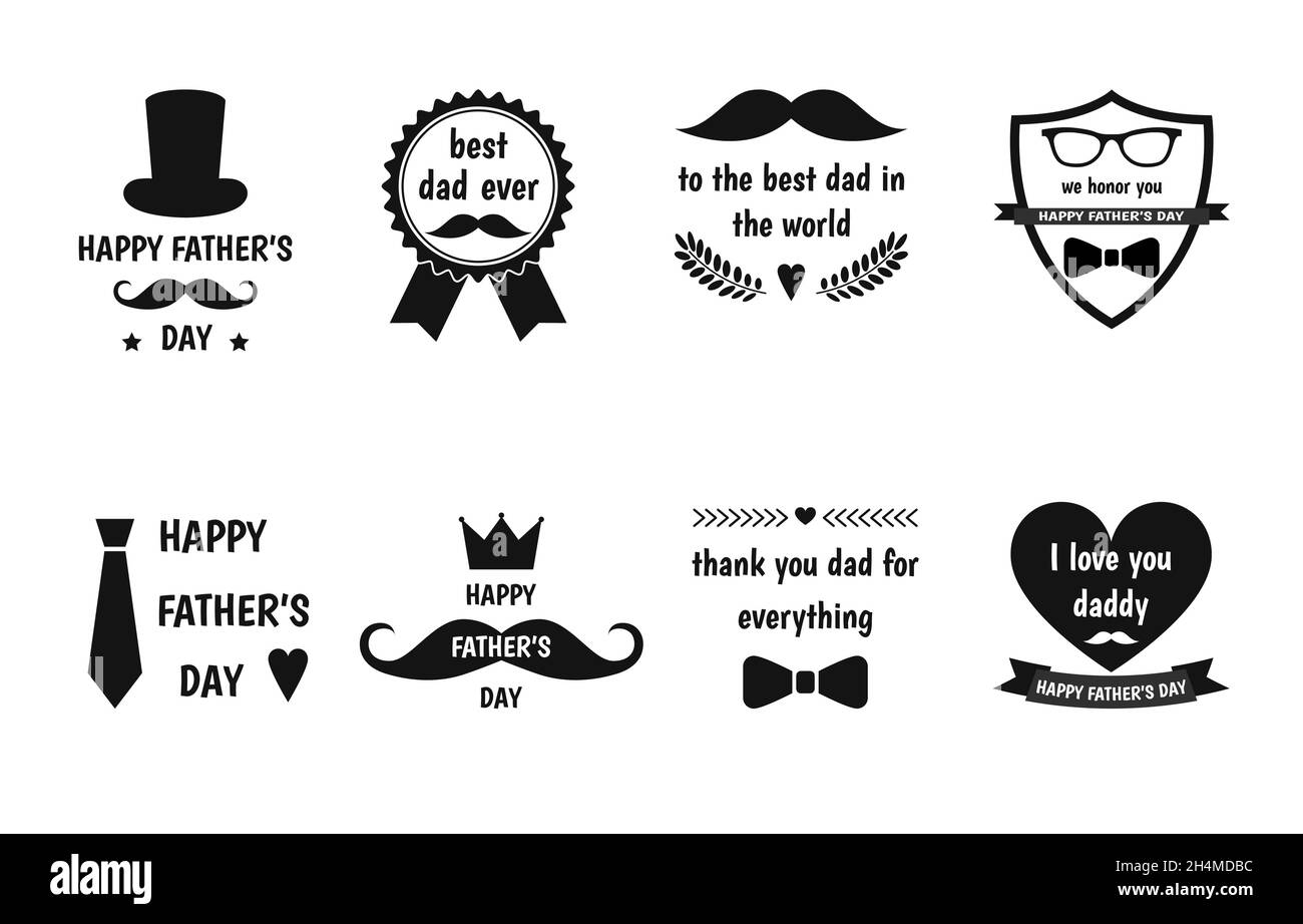 Ensemble d'étiquettes de fête des pères heureux.Logo et emblèmes vectoriels de style plat pour cartes de vœux, barbershop, t-shirt. Illustration de Vecteur