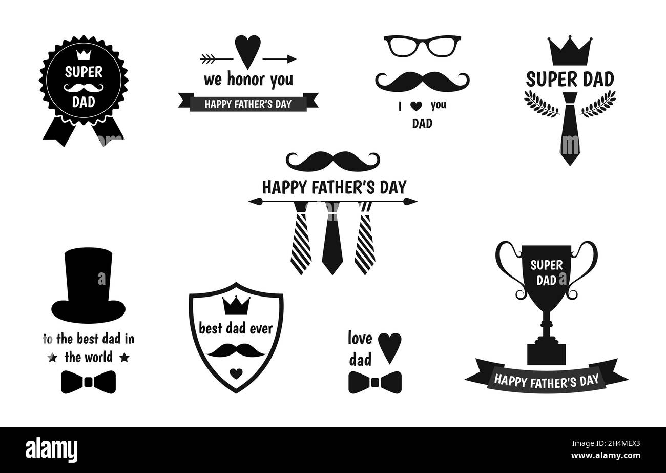Ensemble d'étiquettes de fête des pères heureux.Logo et emblèmes vectoriels de style plat pour cartes de vœux, barbershop, t-shirt. Illustration de Vecteur