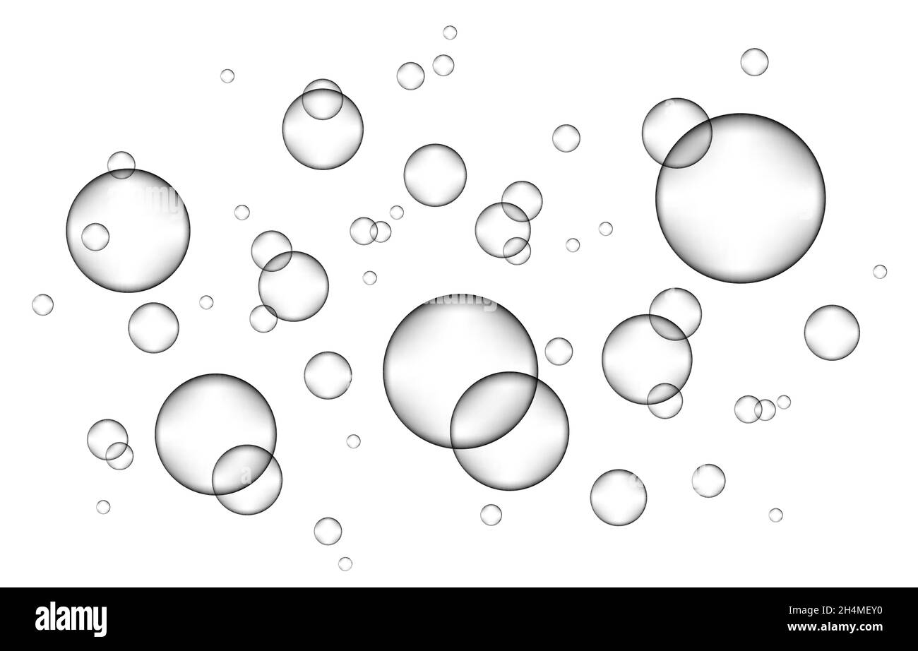 Bulles d'air, d'eau ou d'oxygène sous l'eau sur fond blanc.Boisson effervescente.Des étincelles folles en mer, aquarium.Champagne.Pop soda.Sous Illustration de Vecteur