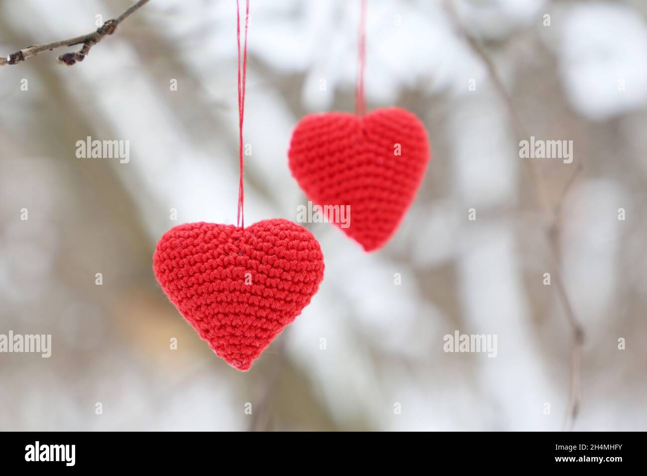J'aime les coeurs accrochés sur une branche d'arbre dans la forêt d'hiver.Deux coeurs de Saint-Valentin tricotés rouges, symbole de l'amour romantique, fond pour les vacances Banque D'Images