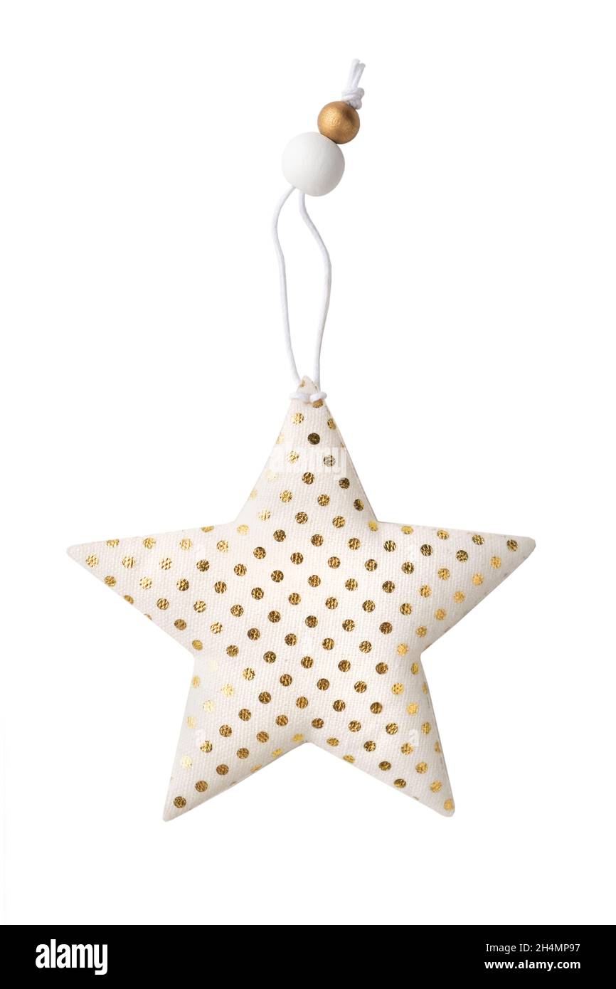 Jouet arbre de Noël en tissu blanc or pointillé en forme d'étoile isolé sur un fond blanc.Élément décor, décoration pour la nouvelle année. Banque D'Images