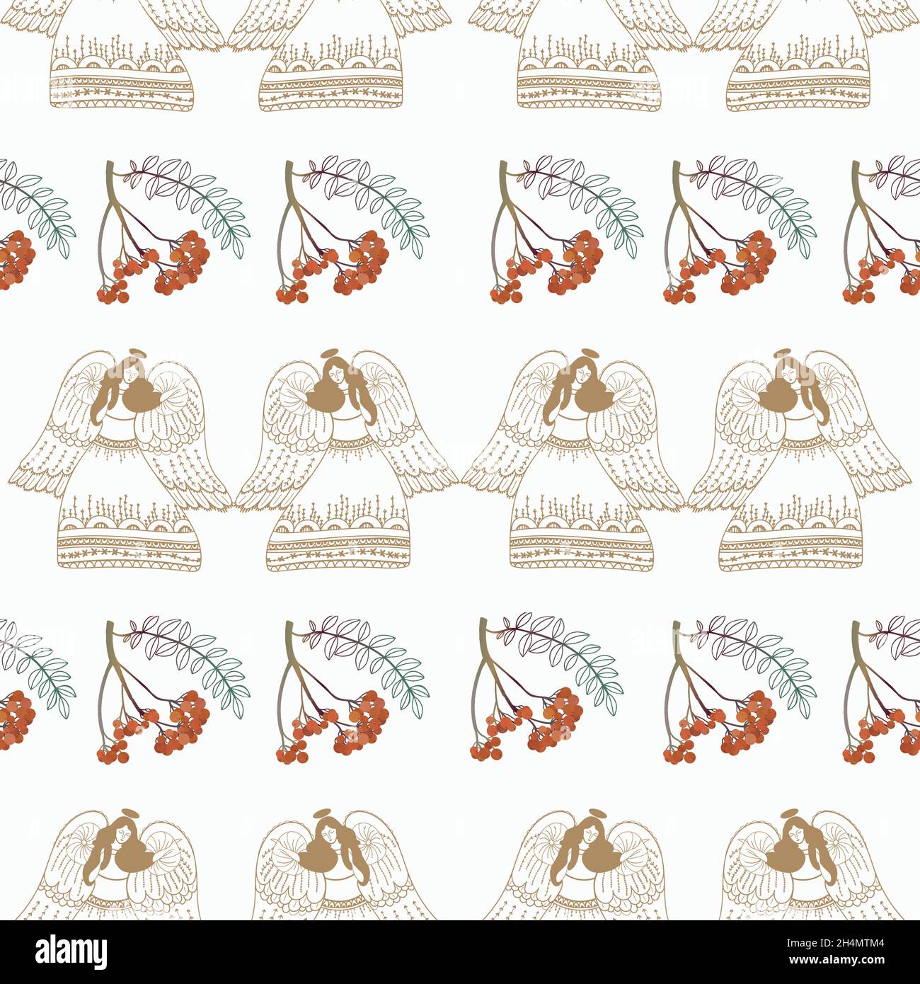 Motif sans couture de style crowanberries et anges dessinés à la main.Illustration vectorielle. Illustration de Vecteur