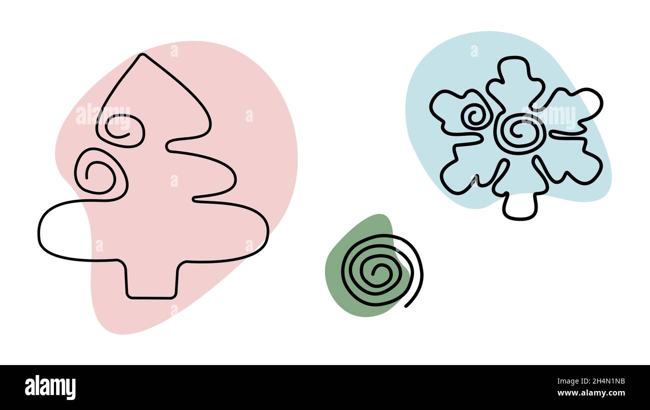 Nouvel an et Noël ensemble vectoriel d'illustrations simples en style Line Art avec des taches colorées arbre de Noël et flocon de neige isolé sur fond blanc.Illustration vectorielle. Illustration de Vecteur