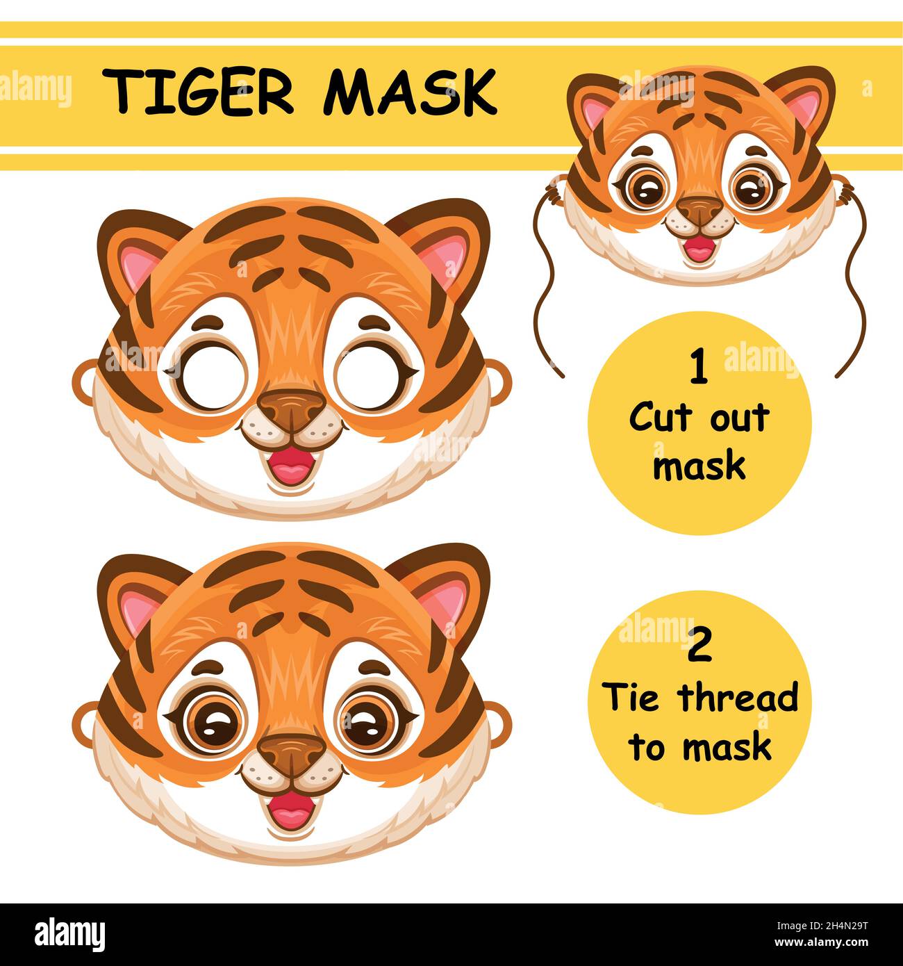Masque de visage animal tigre africain coupé.Bricolage enfants jeu de papier.chat sauvage bengal, chaton rayé.Joli léopard sauvage pour chats.Vecteur de page de métier nouvel an pour enfant Illustration de Vecteur