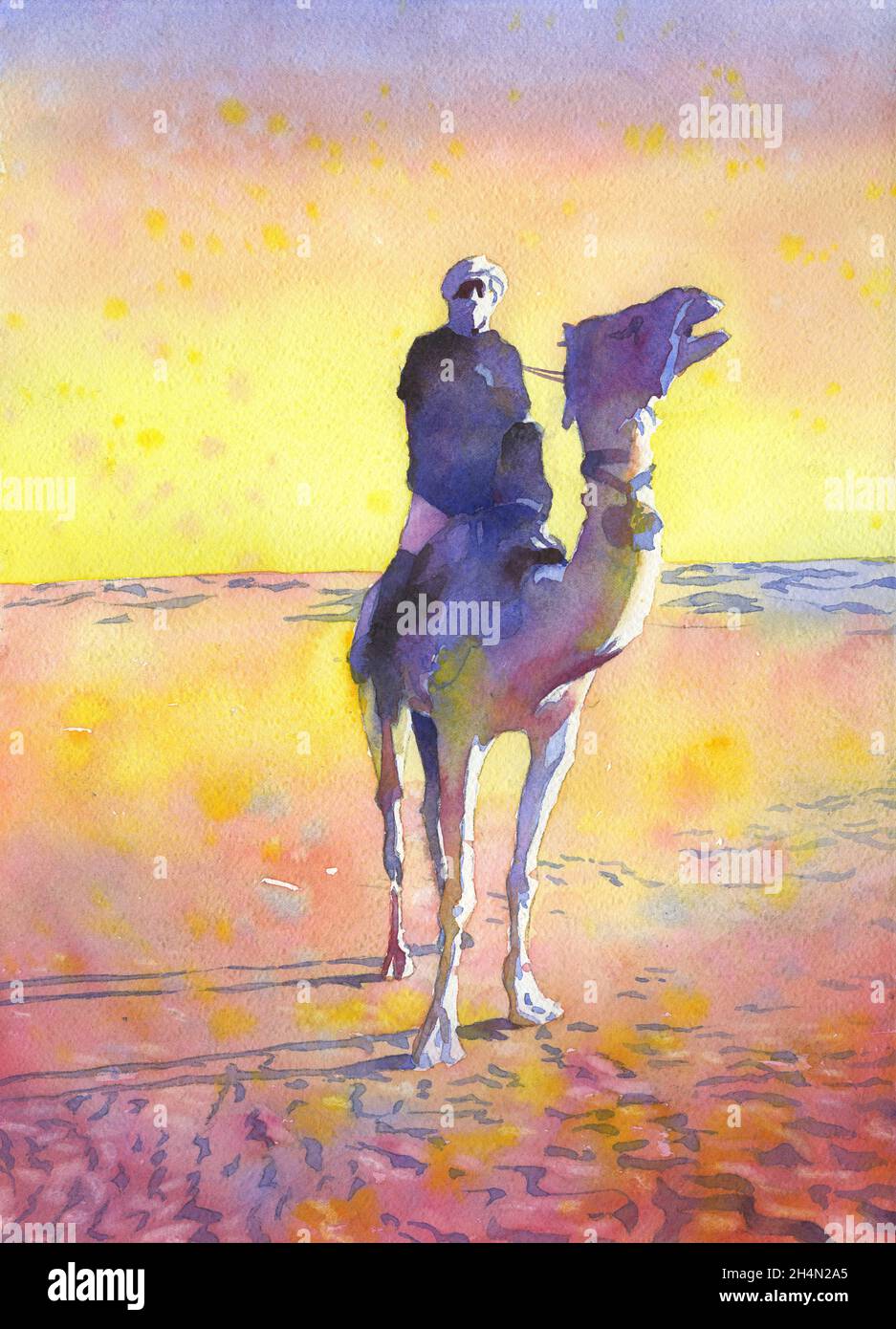 Bédouin à dos de chameau dans le désert du Sahar - Tozeur, Tunisie.Art du désert Bedouin homme peinture art coloré Banque D'Images