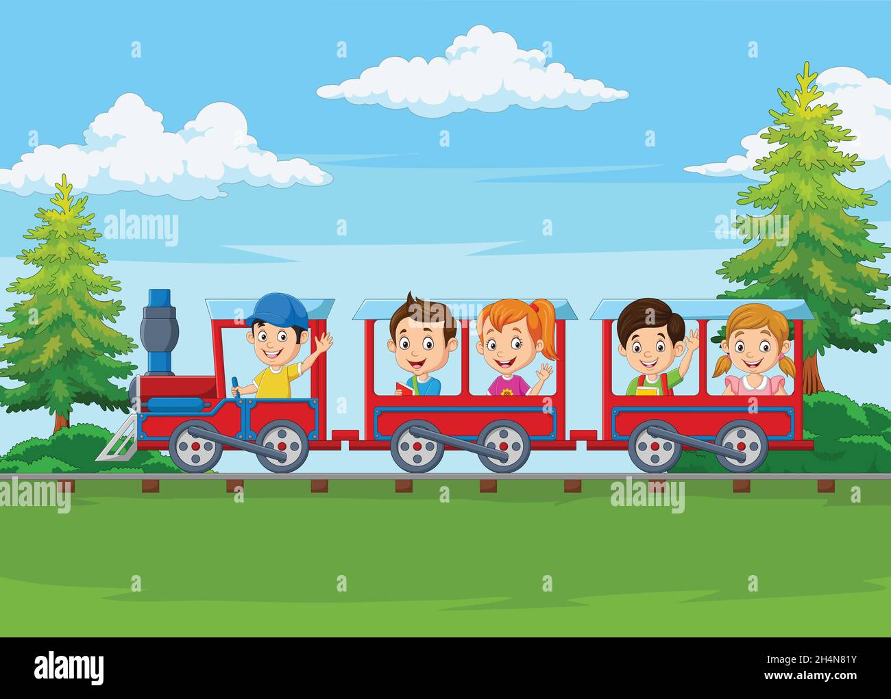 Dessins animés des enfants heureux à bord du train Image Vectorielle