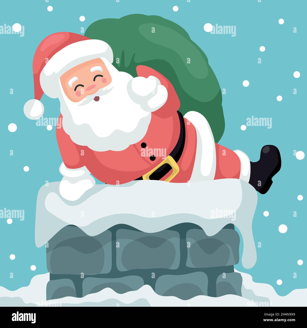 Carte De Noel Joyeux Conception Du Pere Noel Entrant Heureux Par La Cheminee De La Maison Image Vectorielle Stock Alamy