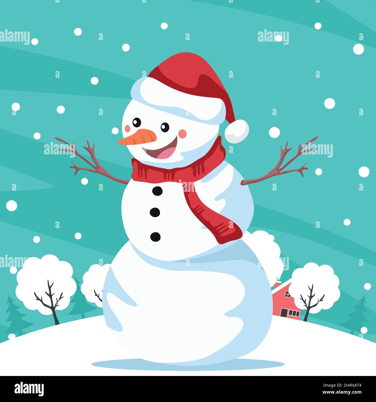 Arrière-plan avec bonhomme de neige souriant sur paysage avec flocons de neige Illustration de Vecteur