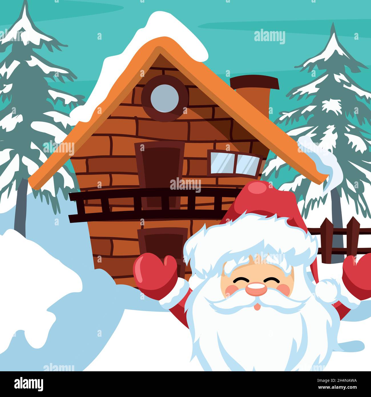 Paysage de Noël avec cheminée et sourire père noël Illustration de Vecteur