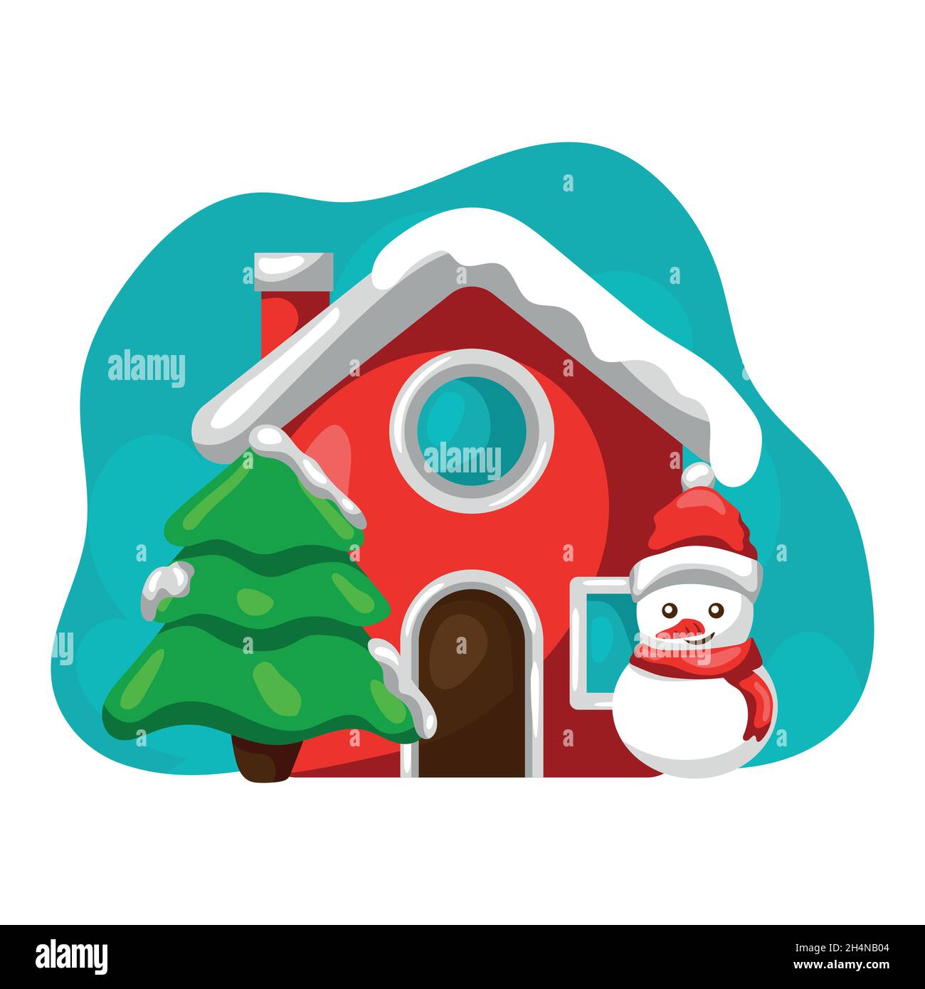 petite maison avec bonhomme de neige souriant de noël sur la tache de peinture Illustration de Vecteur