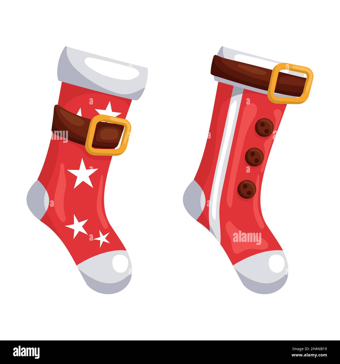 Chaussettes de Noël rouges décorées avec des étoiles et une ceinture sur fond blanc. Illustration de Vecteur