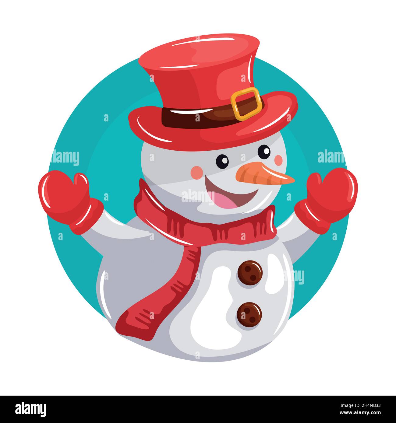 bonhomme de neige souriant avec gants et chapeau rouge Illustration de Vecteur
