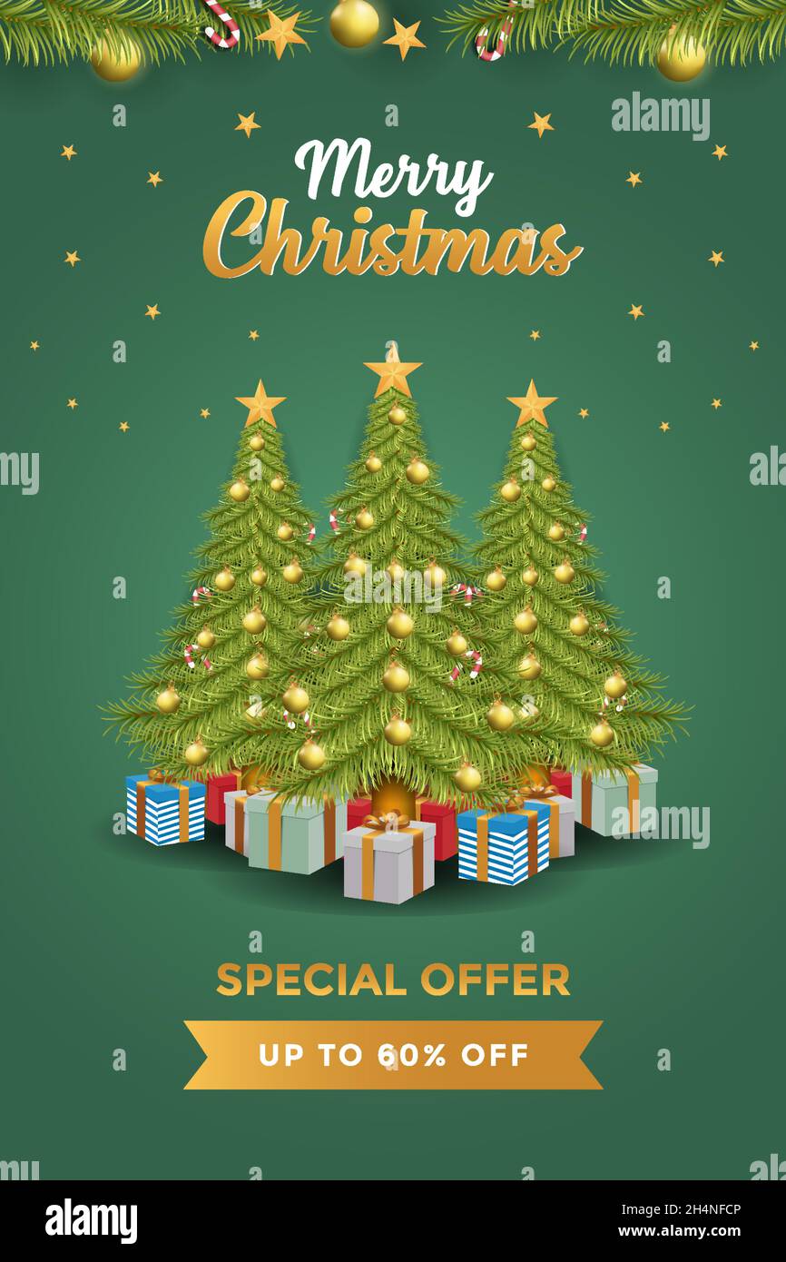 décoration d'affiche de noël avec pin, boîtes-cadeaux, lampes, étoiles et décorations de noël Illustration de Vecteur