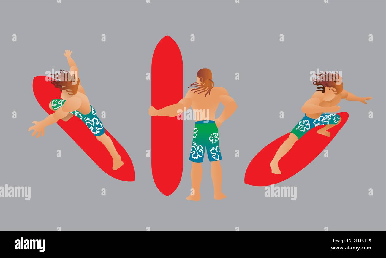 Posture différente d'un homme avec un surf.Vecteur.Isolé. Illustration de Vecteur