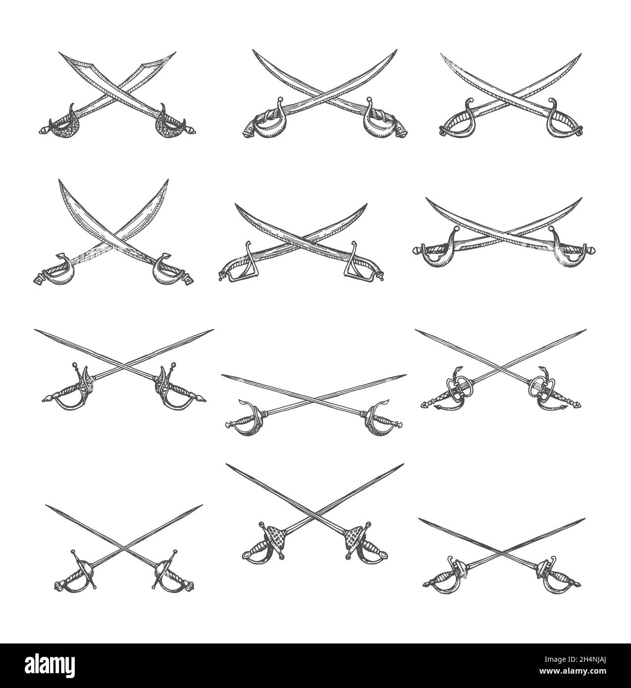 Sabres de pirate croisés, épées, croquis d'épée.Croix d'armes militaires vectorielles, éléments de carte anciens pirates dessinés à la main, brochettes mousquetaires isolées sur le merge Illustration de Vecteur