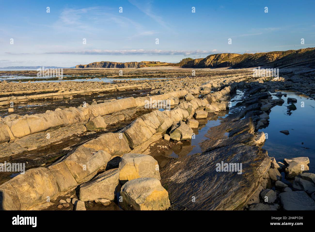 Après-midi ensoleillé d'octobre et marée basse le long de la plage rocheuse de Kilve Beach dans le sud-ouest de l'Angleterre du Somerset Banque D'Images