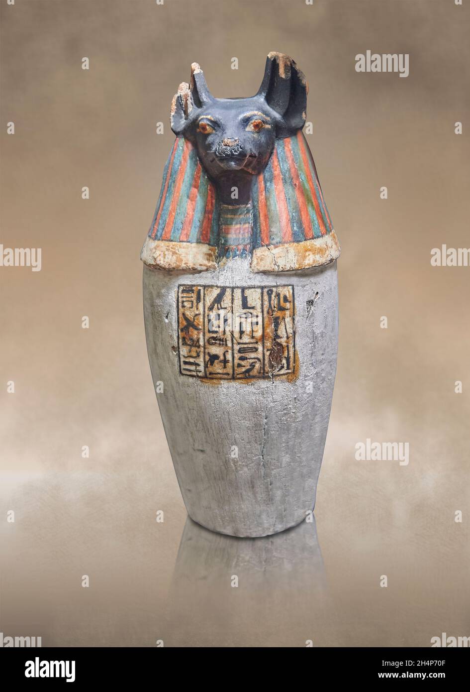 Ancien pot canopé égyptien d'Amon Padiouf représentant le jackel à tête Duamutef, 1079-664 av. J.-C., Wood, Musée du Louvre.INV N2952D.Tête de chien de Douamou Banque D'Images