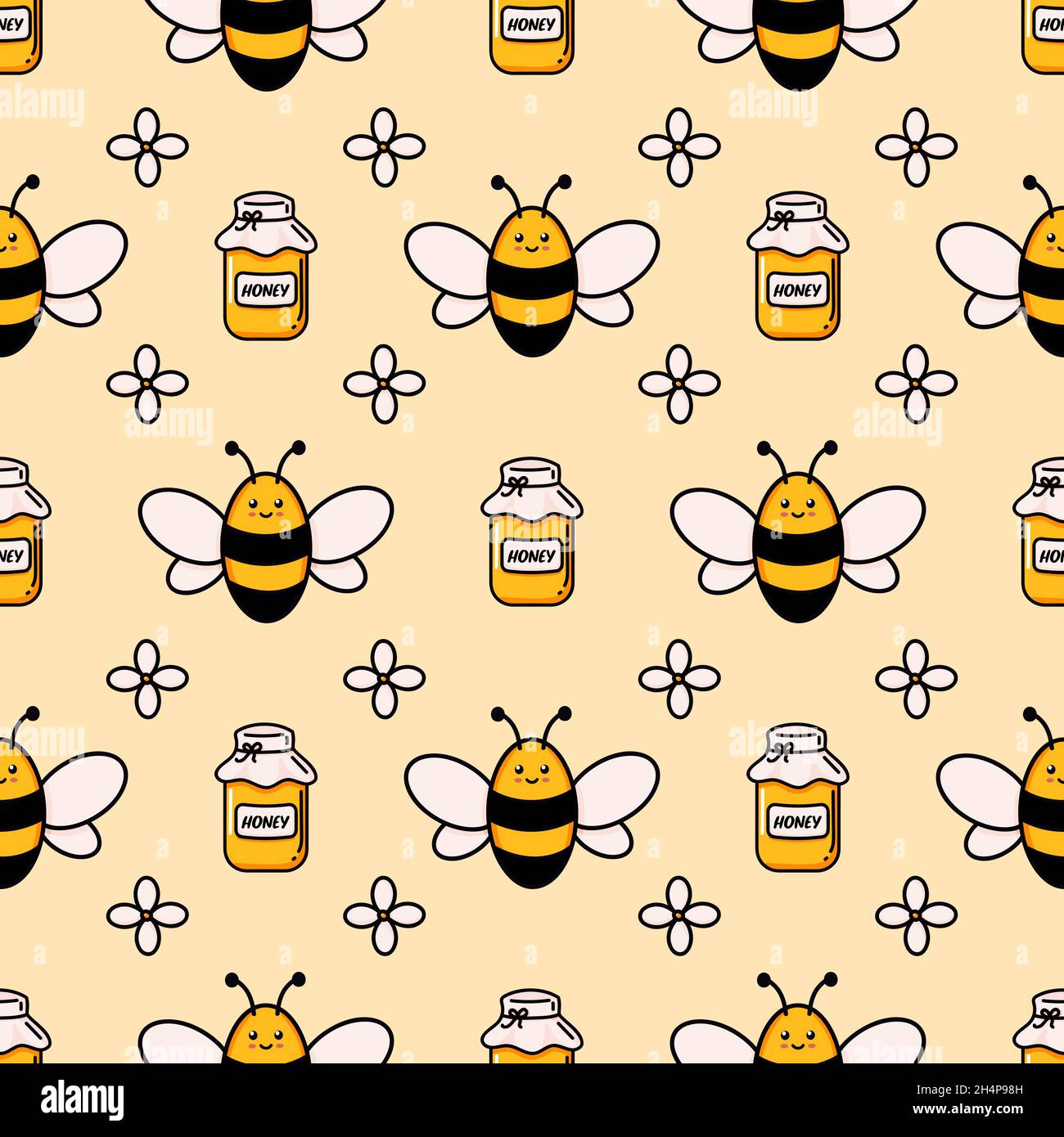 Motif mignonne sans coutures abeille. Papier numérique d'illustration à motif de feuilles de dessin animé, fleurs et nid d'abeilles, isolé sur fond blanc, idéal pour les imprimés en tissu pour enfants Illustration de Vecteur