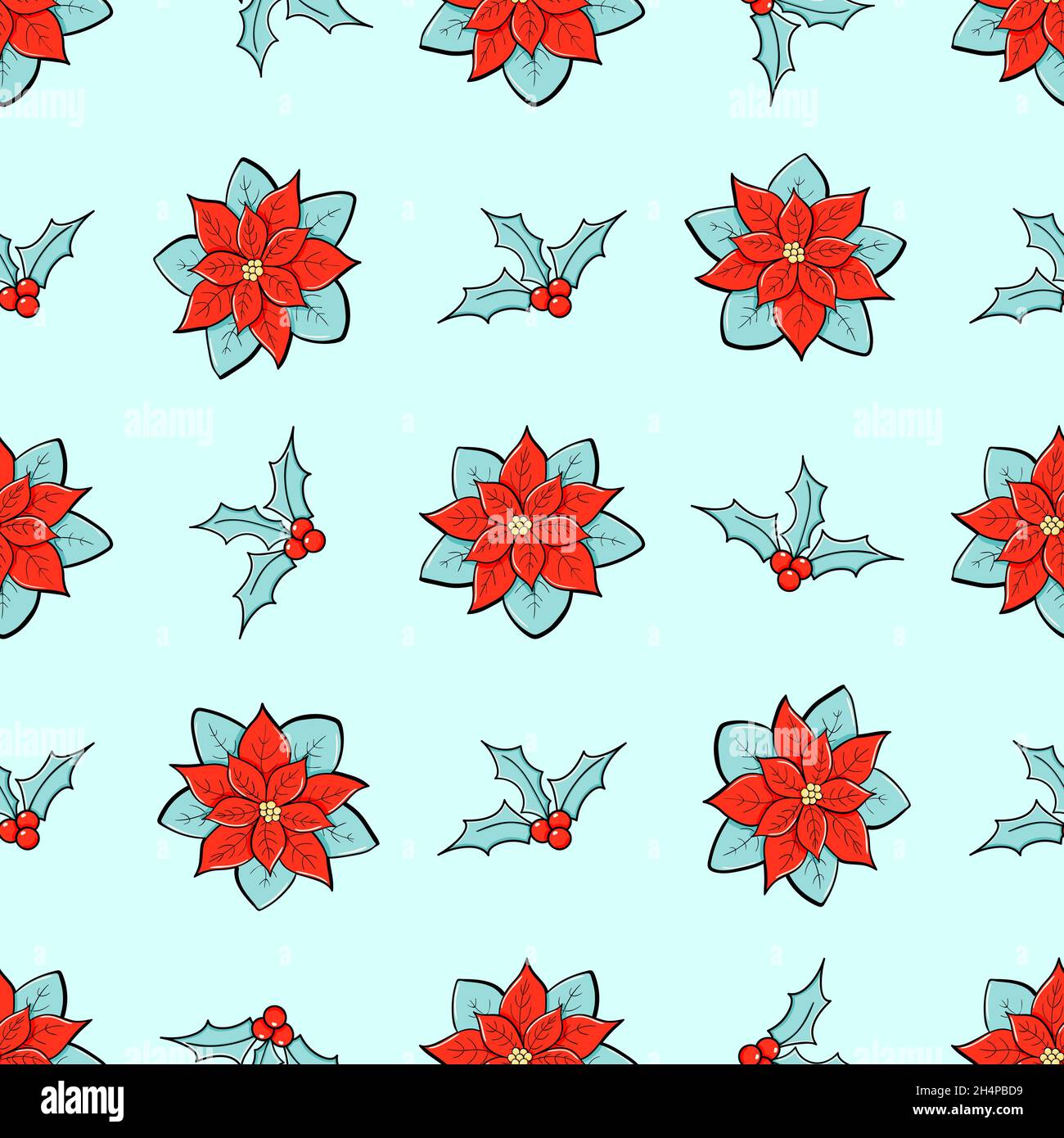 Poinsettia et branches houlettes vectorisées sans couture.Les fleurs d'hiver s'enornent dans un style minimaliste.Illustration tendance pour papier peint, papier d'emballage, imprimé, tissu d'hiver Illustration de Vecteur