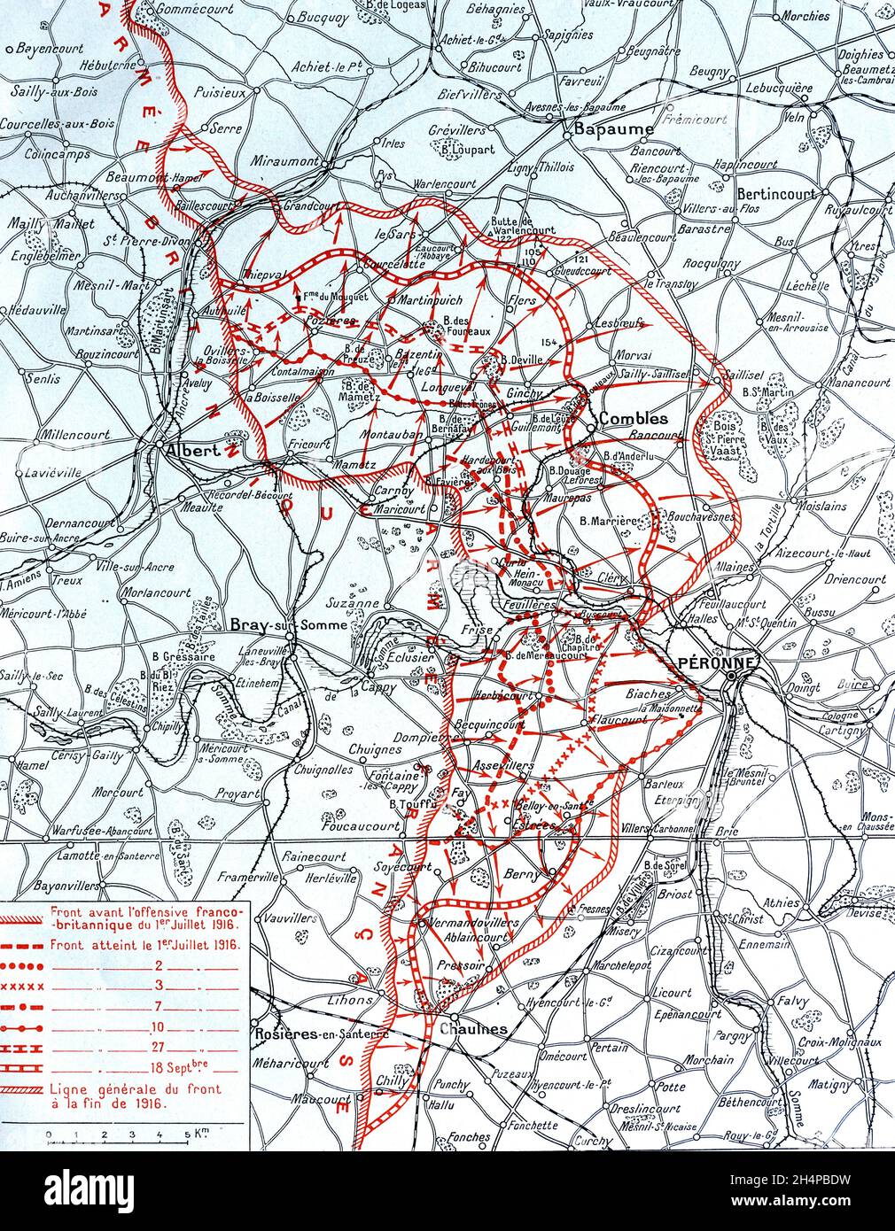 Carte montrant le mouvement des armées pendant la bataille de la somme pour la période juillet/octobre 2016, France Banque D'Images