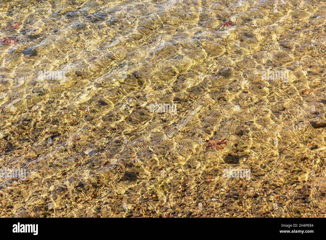 Mer transparente et eau dorée cristalline au début du printemps.Magnifique arrière-plan Banque D'Images