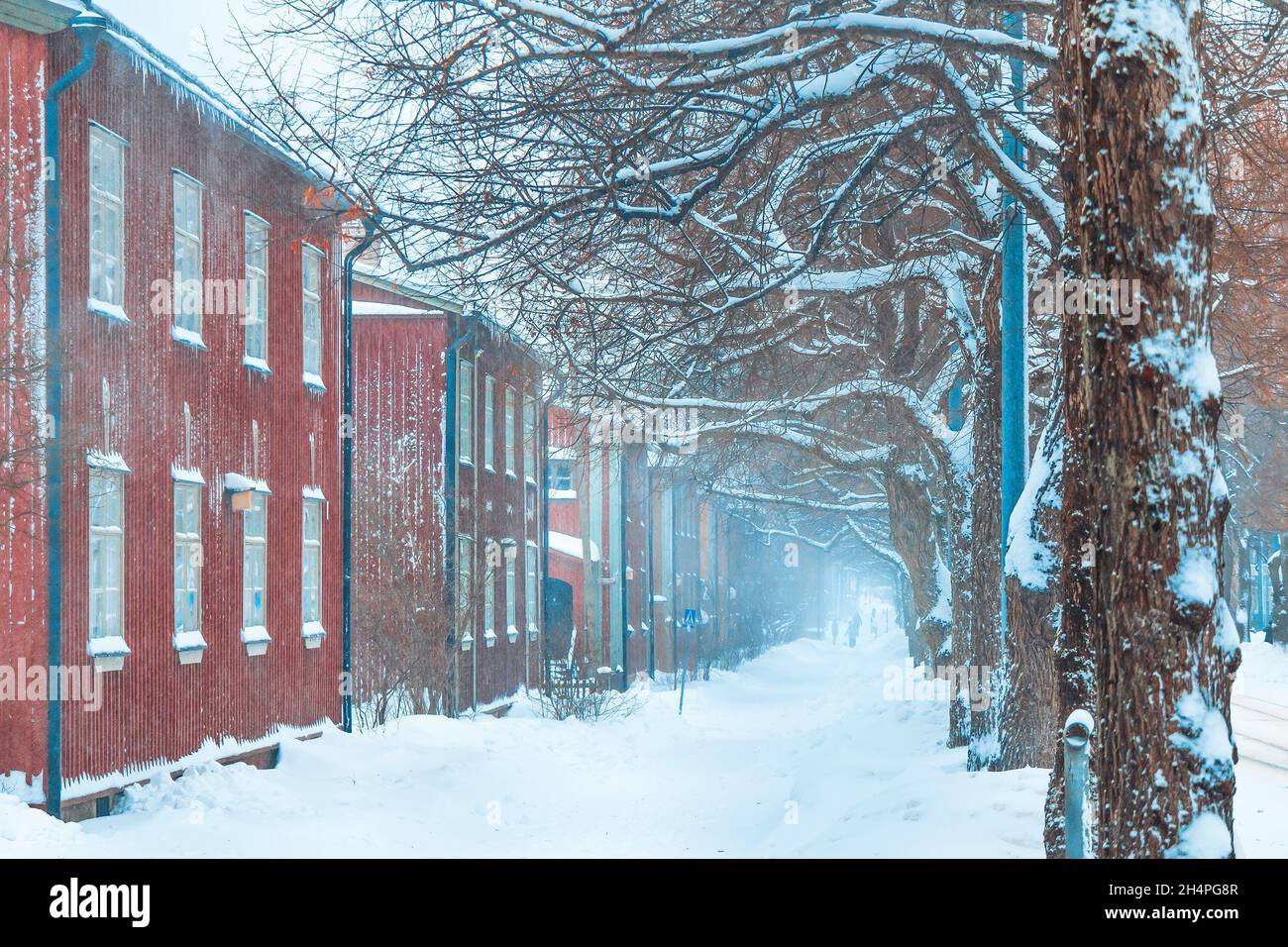 Scène de rue en hiver.Vieux bâtiments en bois façades d'une rue couverte de neige.Chute de neige à Helsinki.Des maisons rouges bordées le long d'un sentier enneigé.Finlande Banque D'Images