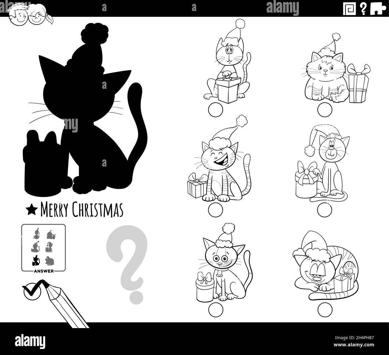 Dessin animé noir et blanc illustration de trouver la bonne image à l'ombre tâche éducative pour les enfants avec des personnages de chats à l'heure de Noël c Illustration de Vecteur
