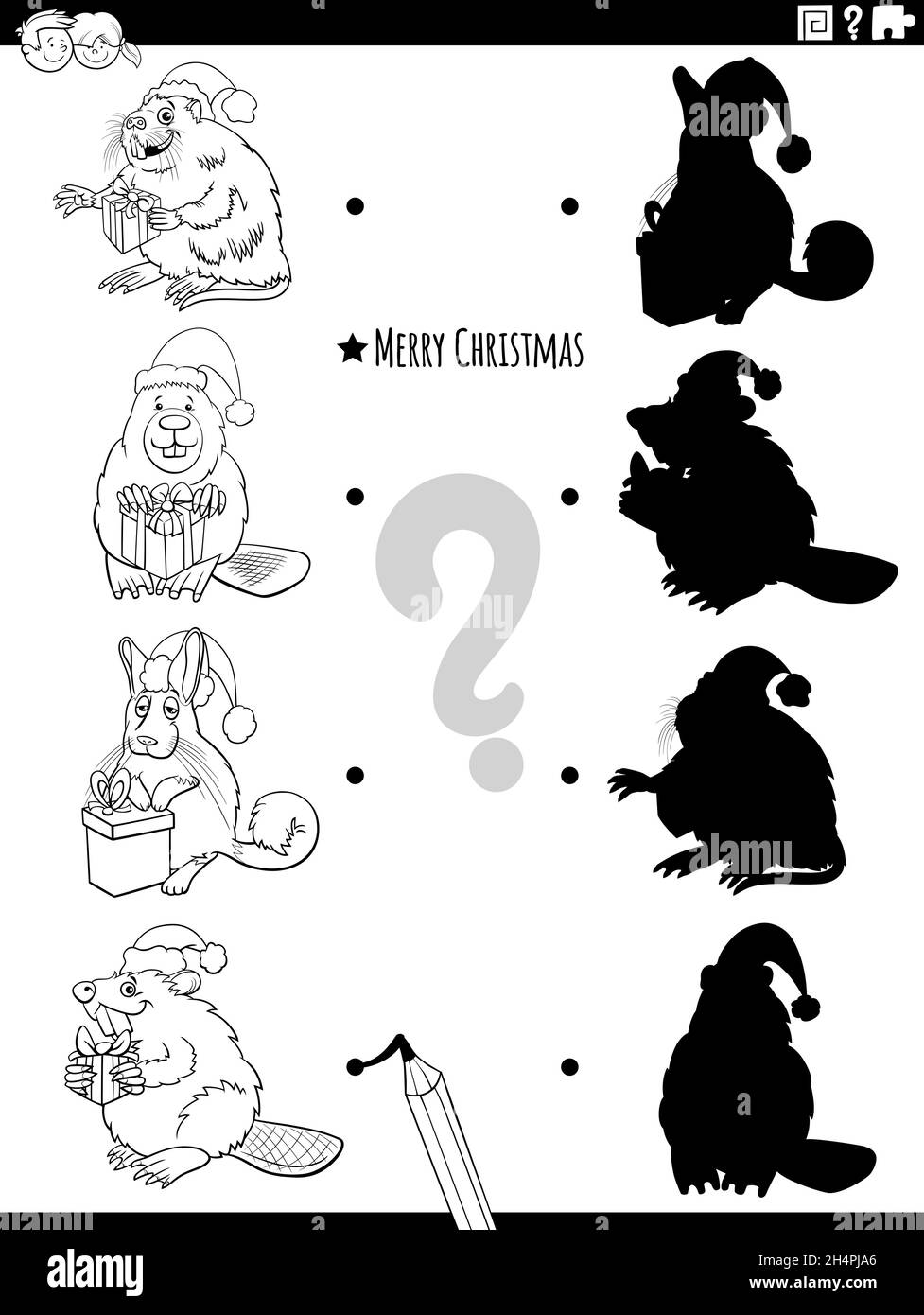 Illustration de dessin animé noir et blanc de faire correspondre les ombres droites avec des images jeu éducatif avec des personnages animaux sur le livre de coloriage de Noël Illustration de Vecteur