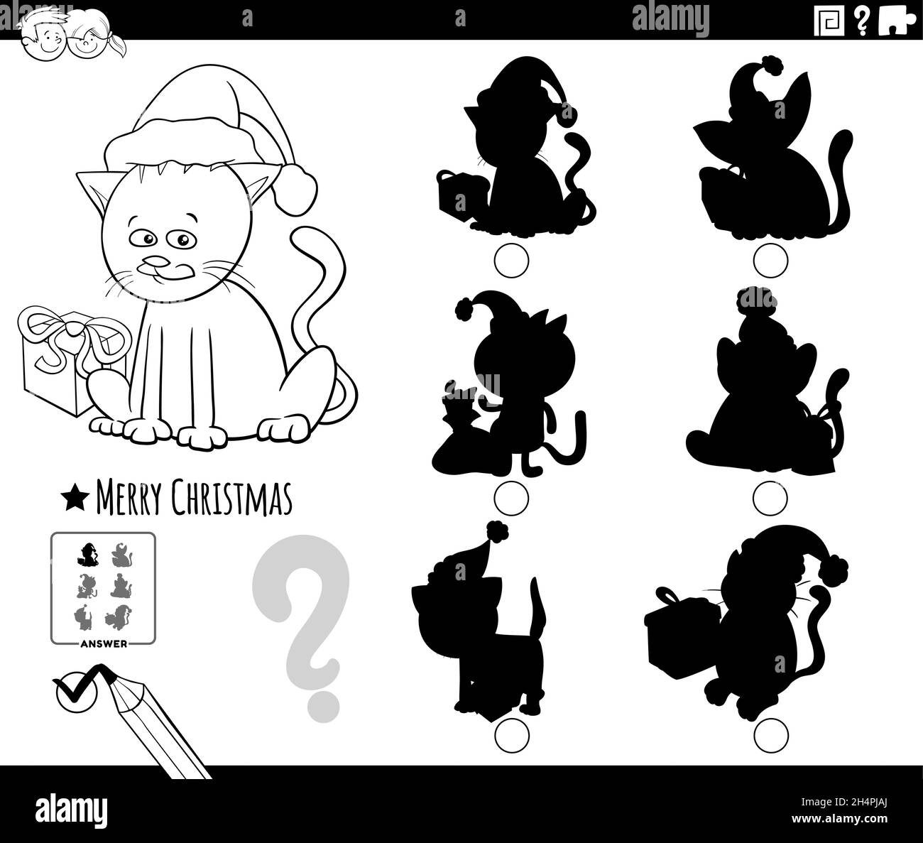 Dessin animé noir et blanc illustration de trouver la bonne image à l'ombre jeu éducatif pour les enfants avec le personnage de chat sur le temps de Noël col Illustration de Vecteur