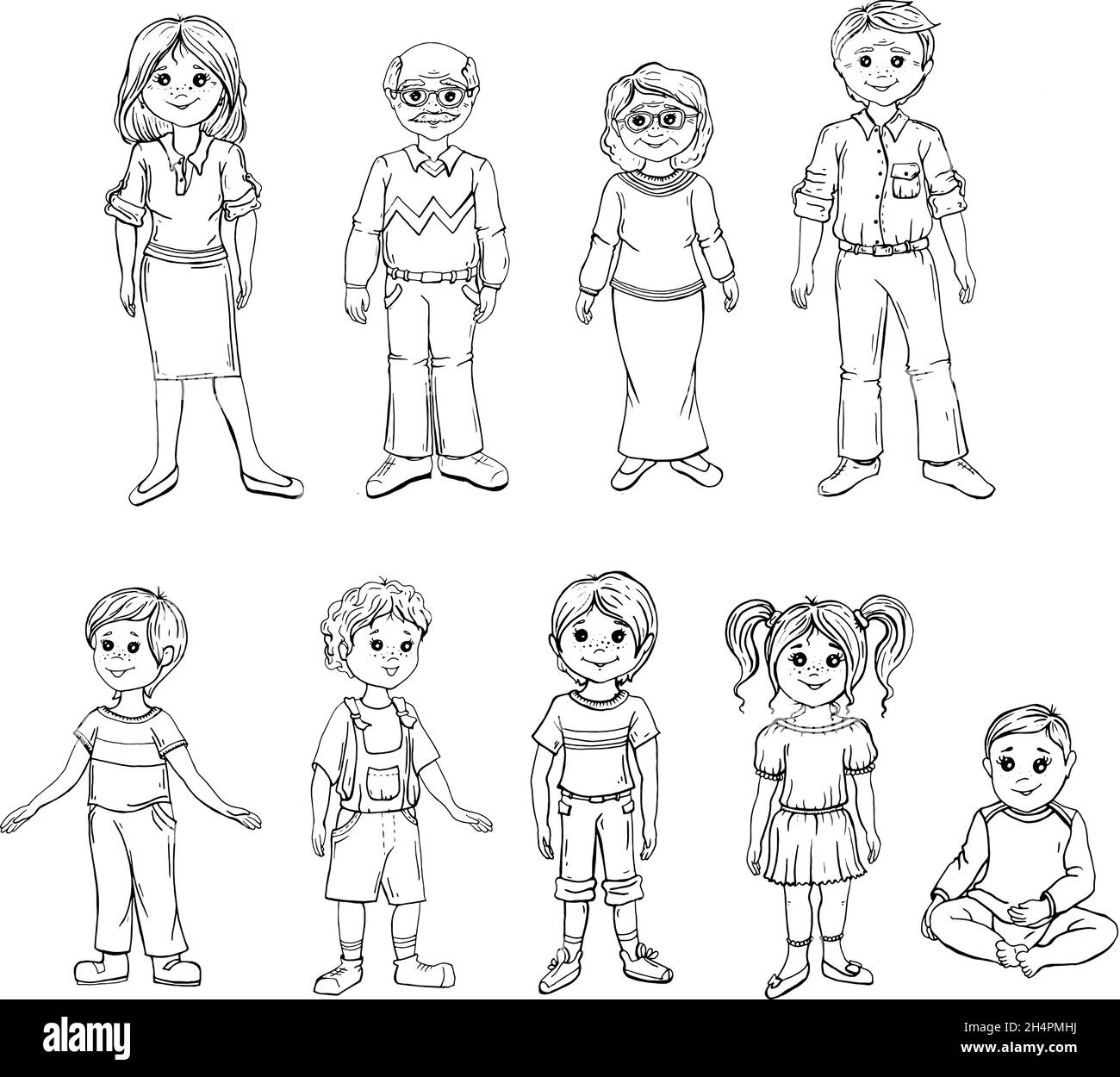 Ensemble de personnages de dessins animés dans différents styles de vie et âges.Y compris homme d'affaires, homme, femme, adolescents, enfants,aînés, couple.Caractères Illustration de Vecteur