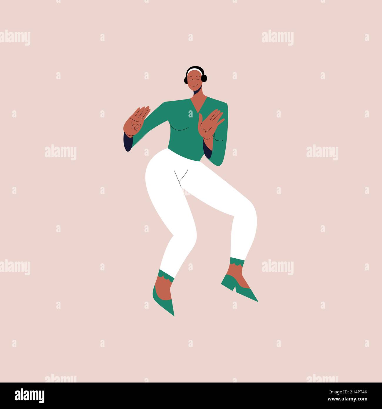 Bonne femme noire dansant à la musique tout en l'écoutant avec un casque.Des personnages de dessin animé féminins dansant de joie et de plaisir.Illustration vectorielle Illustration de Vecteur