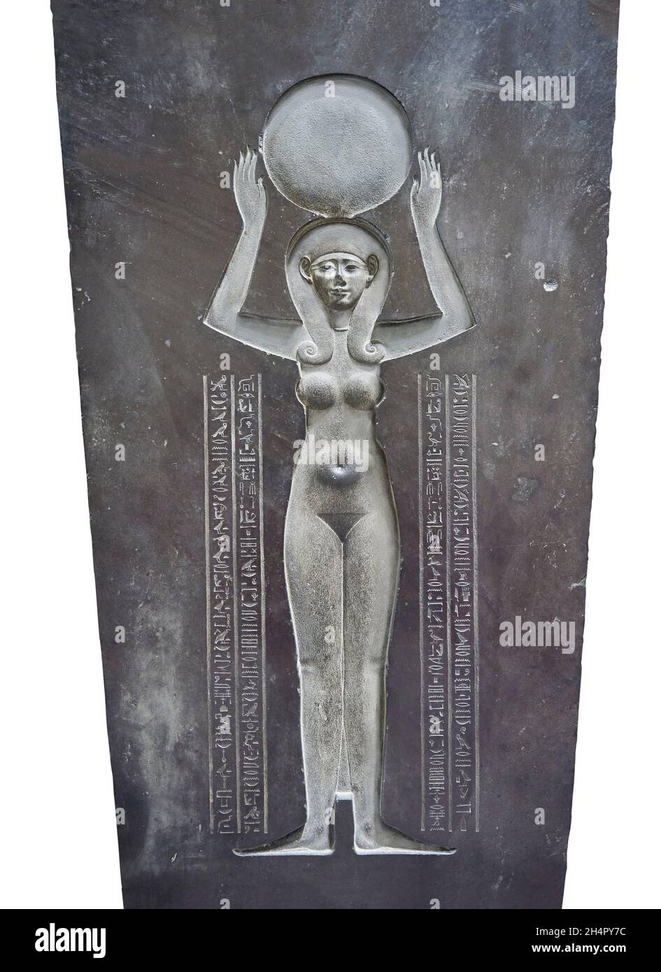 Ancien couvercle égyptien du cercueil sarcophage de Djedhor, 4e cent BC, granit. Le Louvre inv D9 ou N345.Scène mythologique; voyage du soleil.De Banque D'Images