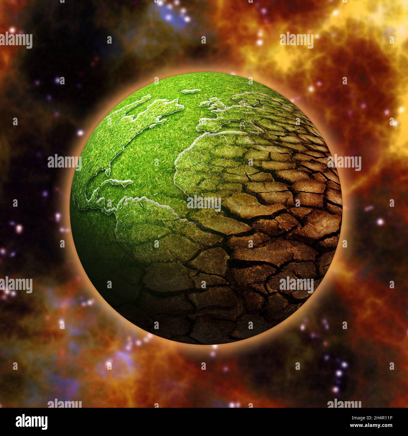 Planète Terre moitié verte moitié sèche, concept de réchauffement de la planète Banque D'Images